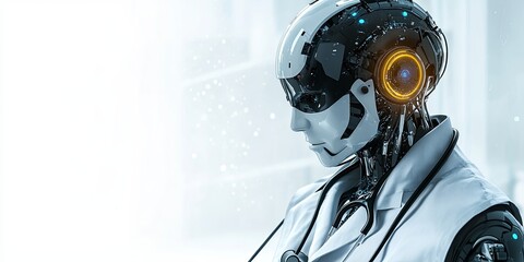 Fototapeta premium A humanoid robot in a white coat and stethoscope, a futuristic depiction of healthcare.