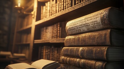 Mystical Library: Ancient Bookshelves Filled with Dusty Leatherbound Tomes and Arcane Scrolls in Soft Ambient Light