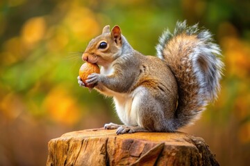 Fototapeta premium A fluffy grey squirrel sits upright on a wooden log, intently nibbling on a brown acorn, its tiny paws holding the nut securely.