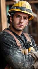 A construction worker in full gear, strong and determined expression