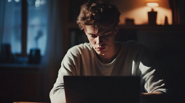 Young man working late at night on a laptop in dimly lit room, focused and determined