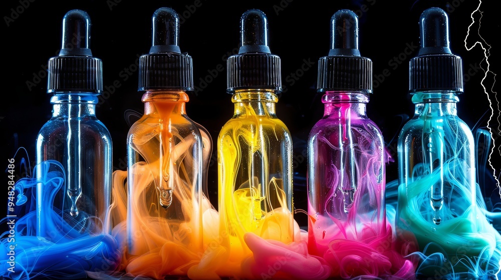 Poster vibrant dropper bottles in a row and a passenger airplane amidst a thunderstorm with lightning