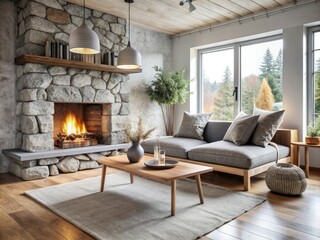 Fototapeta premium Cozy rustic Scandinavian living room features a grey daybed sofa positioned against a stone fireplace, surrounded by natural textures and modern minimalist decor.