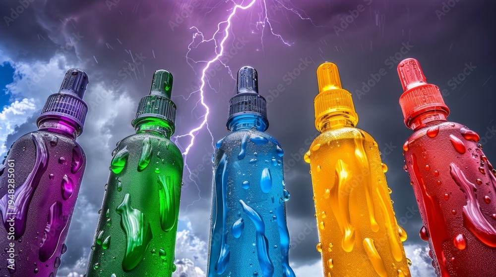 Aufkleber five colorful dropper bottles in a row with a dark background and lightning striking in a stormy sky