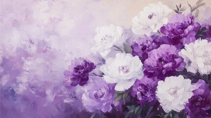 Oil painting of white and purple peonies with soft brushstrokes and abstract background.