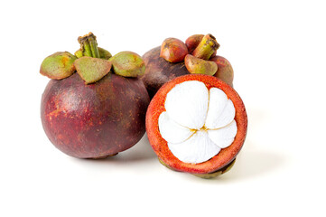 Fresh mangosteen, skin peeled, soft white flesh visible. isolated on white background.