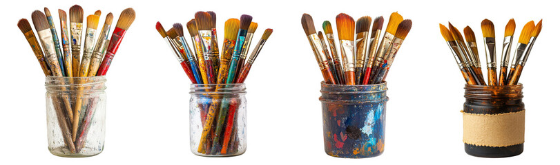 Fototapeta premium Artist paintbrushes in jars with colorful paint splatters creative tools transparent background