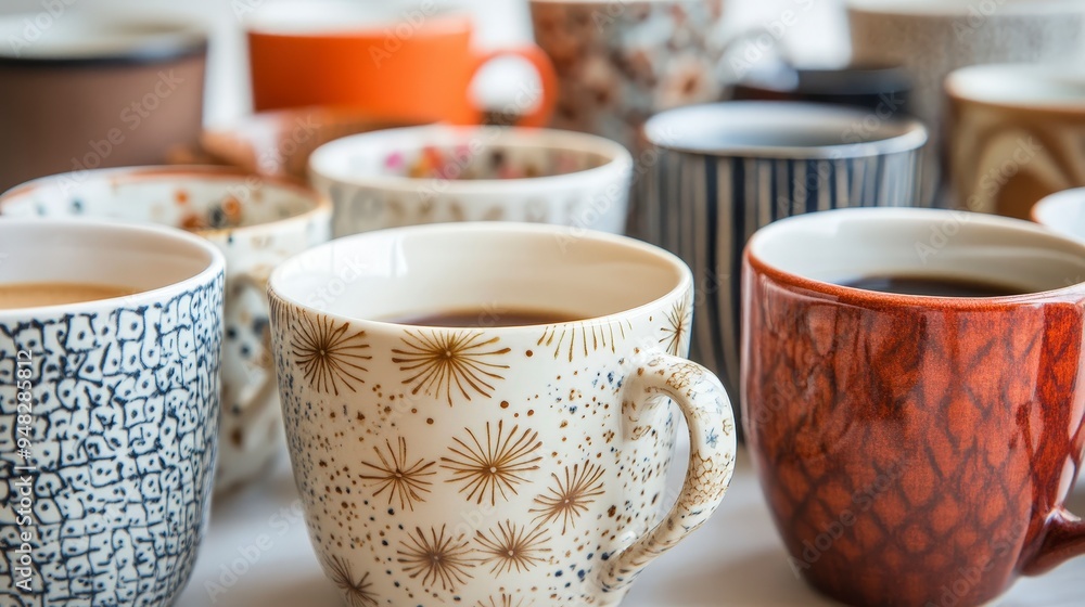 Poster coffee cups and mugs collection - close-up of various designs on neutral background, highlighting un