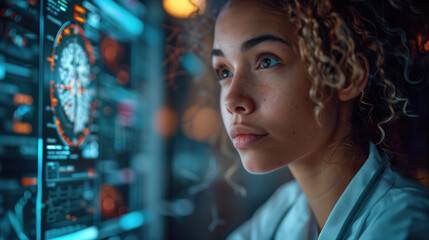 Focused young female scientist analyzing brain scans on advanced computer interface in futuristic lab.