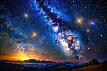 Vibrant starry night sky filled with twinkling galaxies, constellations, and shooting stars, illuminated against a deep blue-black canvas, evoking a sense of celestial wonder.