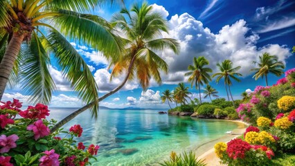 Fototapeta premium Vibrant palm trees sway above turquoise waters, surrounded by lush greenery and exotic flowers, against a breathtaking sunny sky with puffy white clouds.