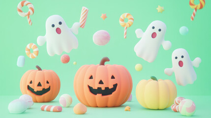 Fototapeta premium Adorable pastel Halloween card with friendly ghosts and pumpkins, surrounded by candy, on a soft pastel green background.