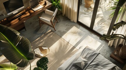 Top view of a hotel room with a wide tropical view. Rendered in 3D.
