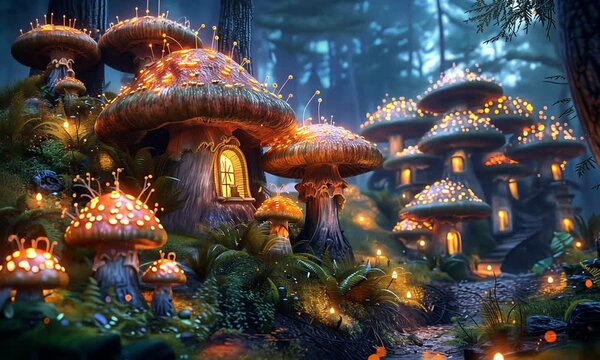 Discover a magical realm where luminescent mushrooms illuminate the twilight forest path, creating an enchanting spectacle amidst tall trees and ferns