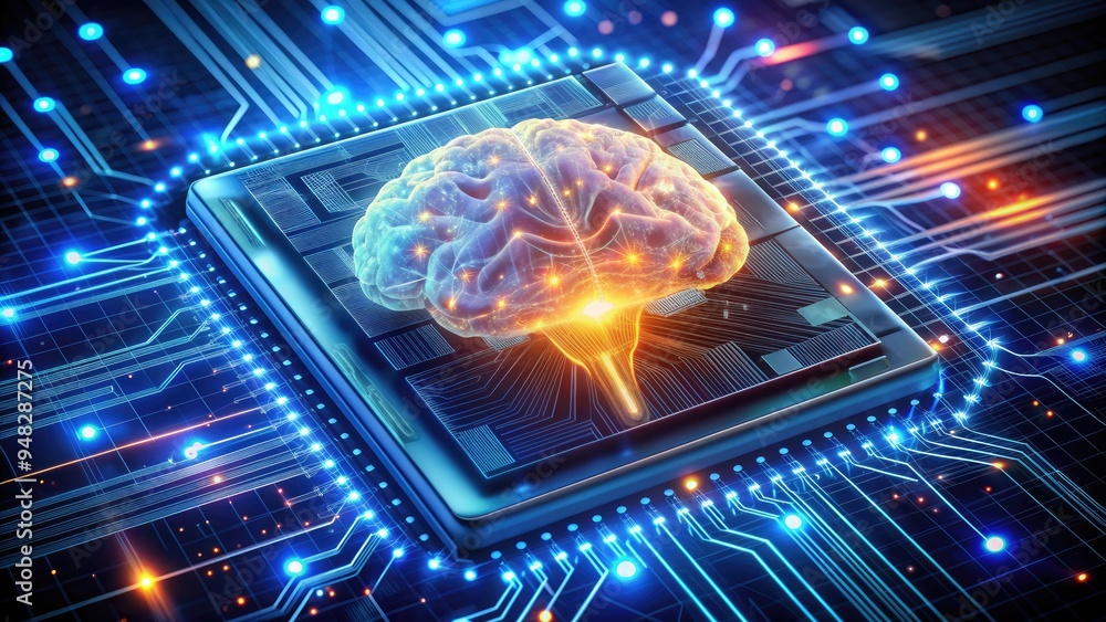 Poster illuminated human brain merging with a processor, representing the fusion of human intelligence and 