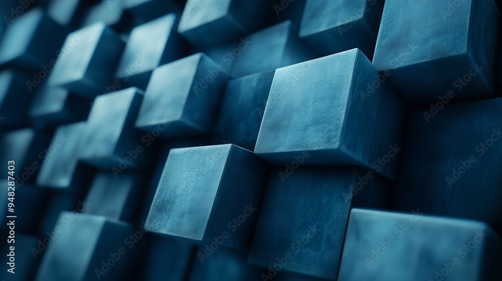 Poster abstract blue blocks create a textured wall pattern in a modern design setting during the evening li