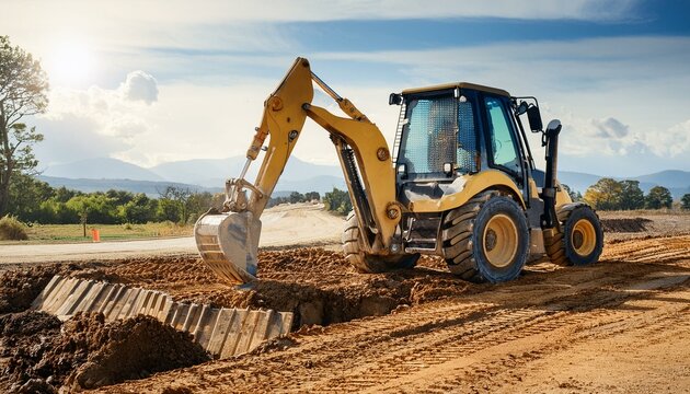 A lone worker operates a backhoe to excavate the earth for a new road.