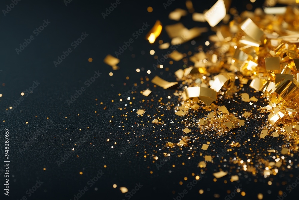 Poster Detail of sparkling gold flakes scattered on a dark surface, reflecting light in a mesmerizing pattern