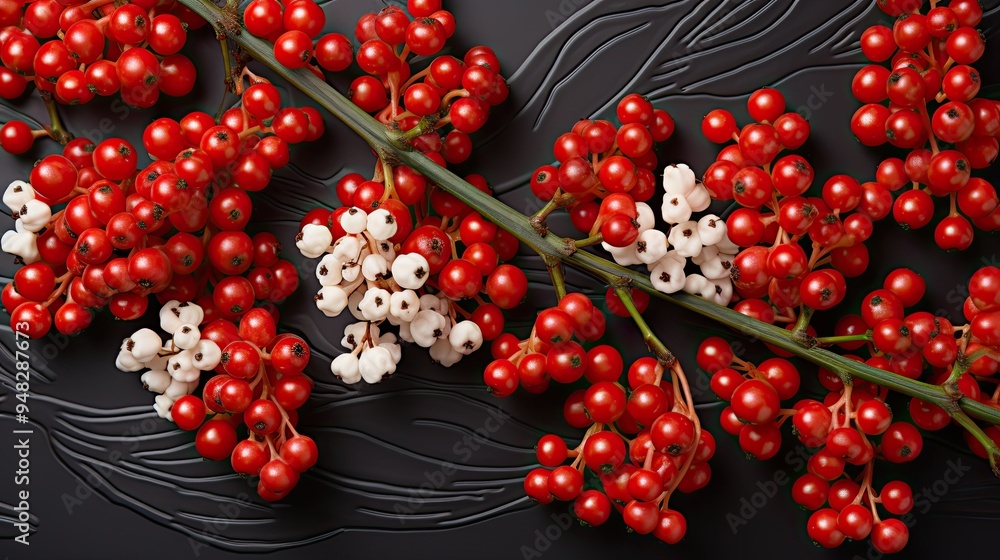 Wall mural christmas background of snow-covered branches with berries.