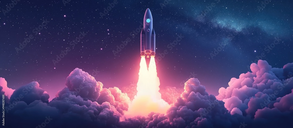 Aufkleber Successful launch of a space rocket into outer space in a 3D cartoon rendering Spaceship lifting off into a starry sky symbolizing travel and exploration of other planets