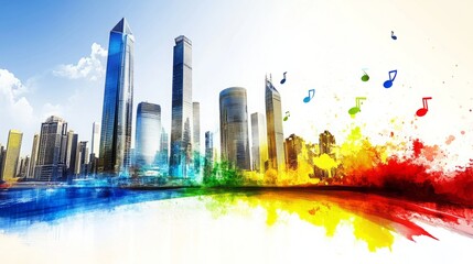 Obraz premium Eco-Harmony in Urbanscape: A Flat Style Vector Graphic Embodying Green Energy and Environmental Protection with Musical Notes