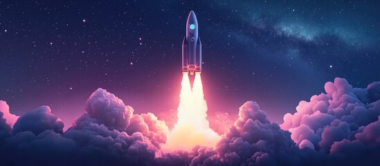 Obraz premium Successful launch of a space rocket into outer space in a 3D cartoon rendering Spaceship lifting off into a starry sky symbolizing travel and exploration of other planets