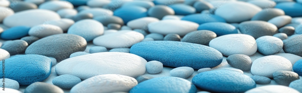 Poster blue and white surface filled with pebbles in 3d cartoon rendering