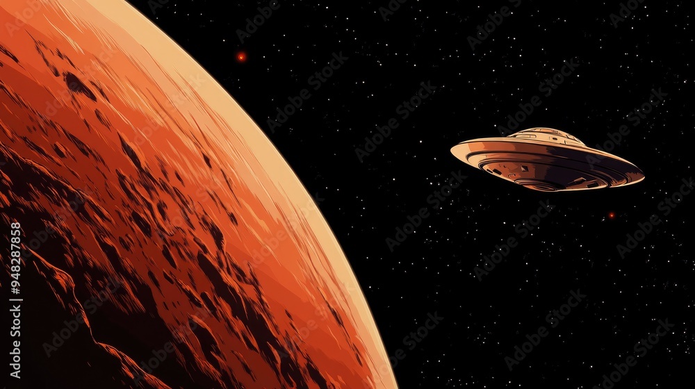 Poster 3d cartoon illustration of a ufo orbiting a red planet with a black background