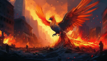 A phoenix rises from the ashes of a destroyed city.