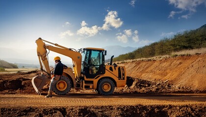 A lone worker operates a backhoe to excavate the earth for a new road.