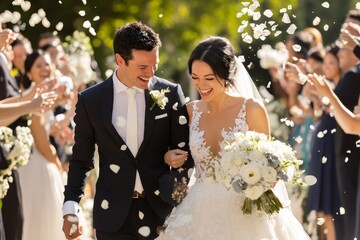 Joyful couple exits wedding ceremony under a cascade of flower petals at a beautiful outdoor venue on a sunny day