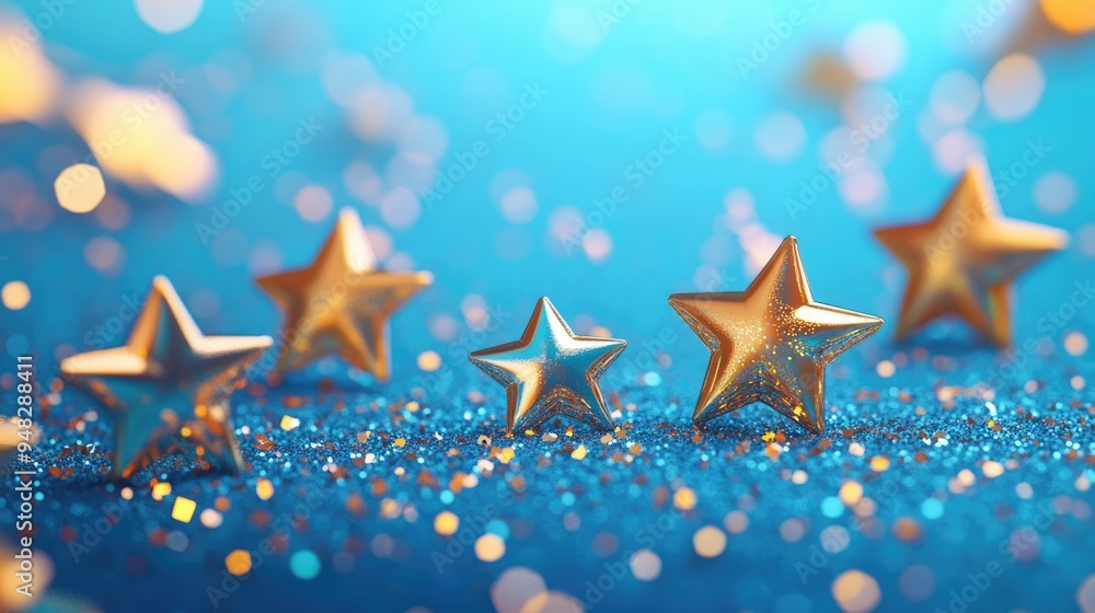Poster Glitter star background design template featuring shiny decorative stars on a blue backdrop in 3D cartoon style with copy space