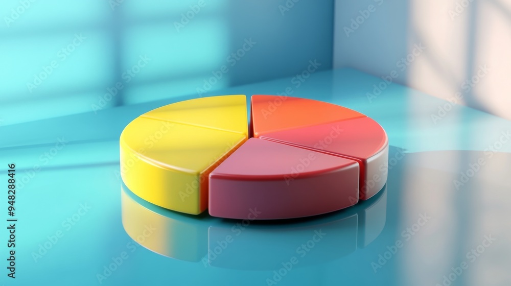Poster a 3d pie chart with shadow effects and depth, placed on a reflective surface to enhance the visual a