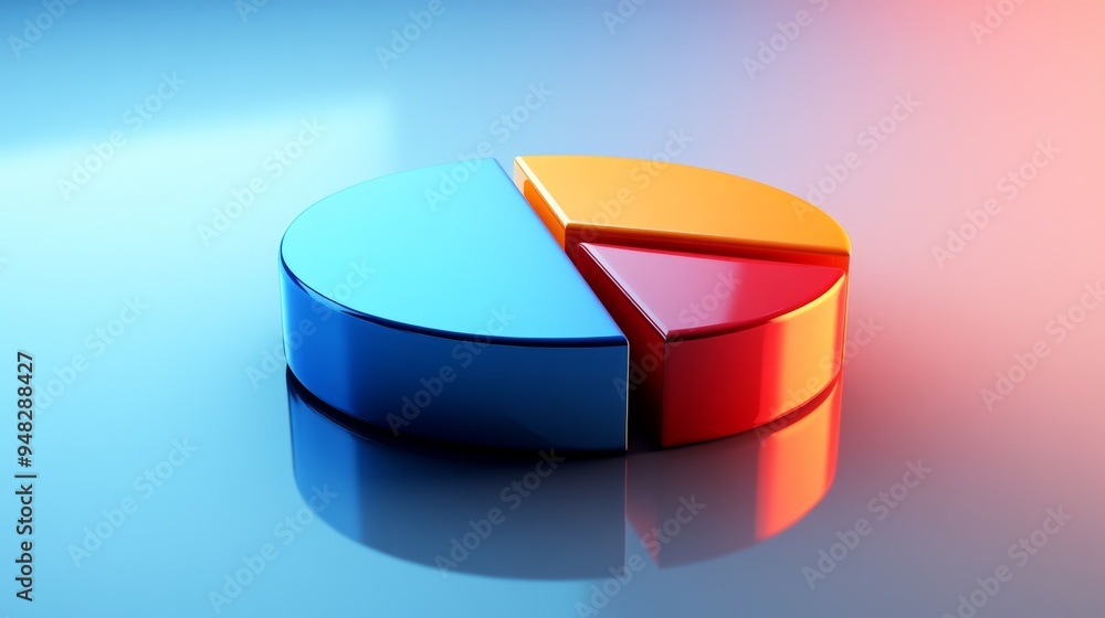 Poster a 3d pie chart with shadow effects and depth, placed on a reflective surface to enhance the visual a