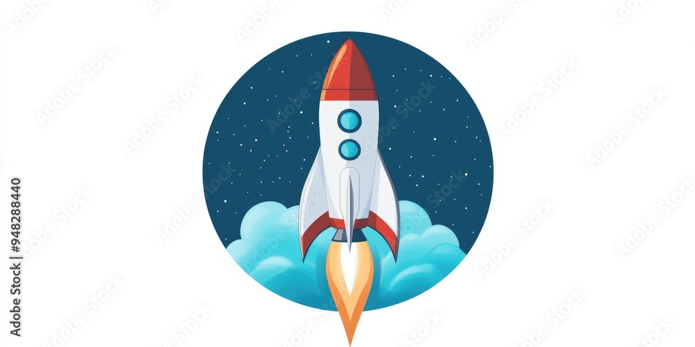 Aufkleber Space rocket launch in a blue circle with stripes depicted in 3D cartoon rendering