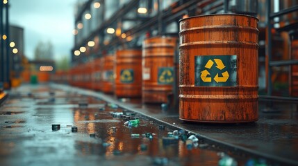 Rusty barrels with recycle symbols standing in an industrial area with scattered debris and puddles after a recent rainstorm