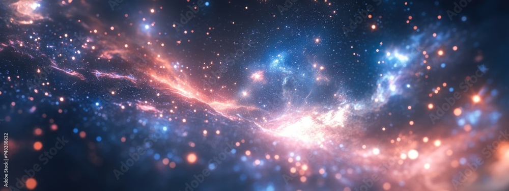Poster 3D cartoon depiction of galaxies and nebulae in a dark space setting with an open cluster