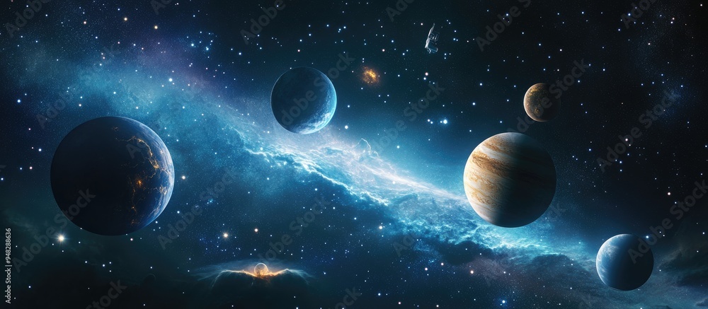 Poster Cartoon style 3D rendering of a space background blending elements of space and science