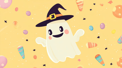 Adorable illustrator-style Halloween card with a smiling ghost and witch hat, on a soft pastel yellow backdrop with candy.