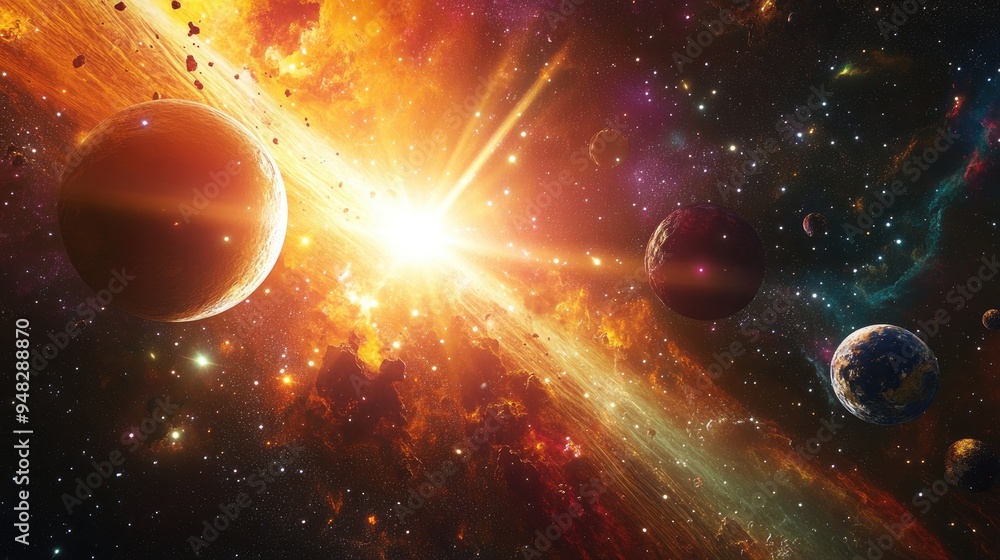 Fototapete Explosion of stars in space with planets from a distant solar system featuring multicolored technological graphics in a 3D cartoon rendering and digital illustration