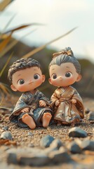 Two Little Figurines of a Baby and a Rabbit Lying on the Grass