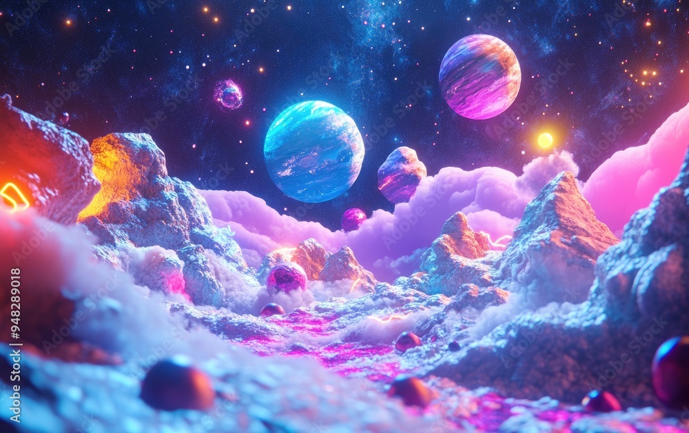 Poster 3d cartoon depiction of a cosmic landscape featuring outer space and nebula