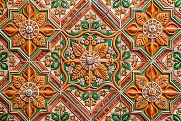 Vibrant earthy hues and ornate details abound in this mesmerizing close-up of an intricate terracotta tile pattern, showcasing masterful craftsmanship in every delicate curve.