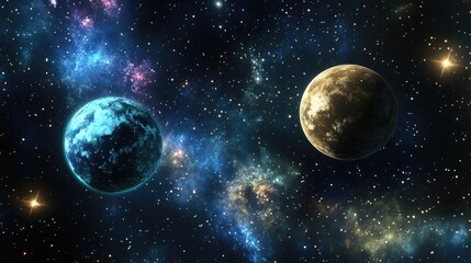 Stars of a planet and galaxy in a free space 3D cartoon rendering