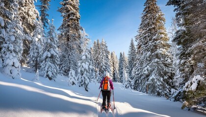 A snowshoer explores a pristine snowy forest.