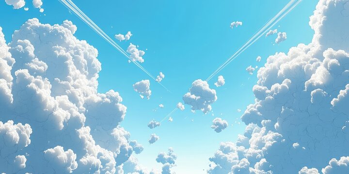 3D cartoon rendering depicting a blue sky filled with chemical cumulus clouds scalar waves and chemtrails on a sunny day