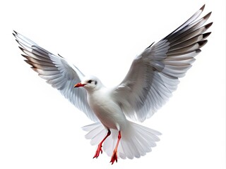Sole white bird spreads wings, soaring freely in mid-air, isolated against a pure white backdrop, conveying freedom, serenity, and effortless flight.