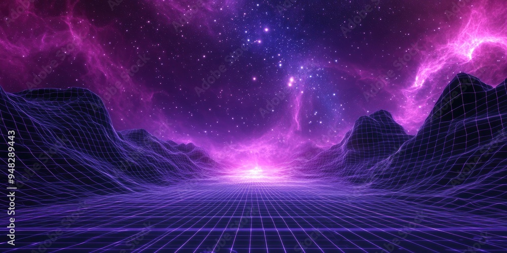 Aufkleber Abstract ultraviolet landscape depicted in a 3D cartoon rendering against a dark background featuring a purple cyberspace grid and a violet starry outer space texture Vertical image orientation 3D