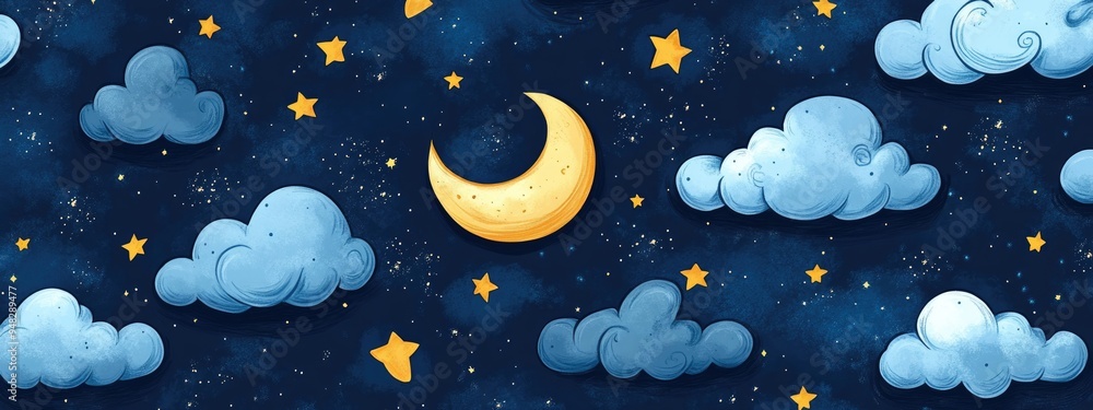 Poster Seamless pattern featuring a 3D cartoon rendering of the moon stars and clouds in a starry night theme This boho style decorative background is ideal for wallpaper digital paper wrapping design fa