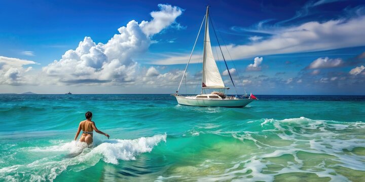 Solo swimmer glides through turquoise ocean waves, yacht's white sails and sleek hull elegantly anchored in the serene background, evoking freedom and tranquility.